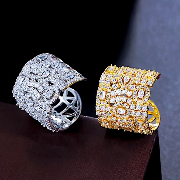 White Gold Plated Zircon Ring, Adjustable, Wide Band, Statement Jewelry - Picture 5 of 9